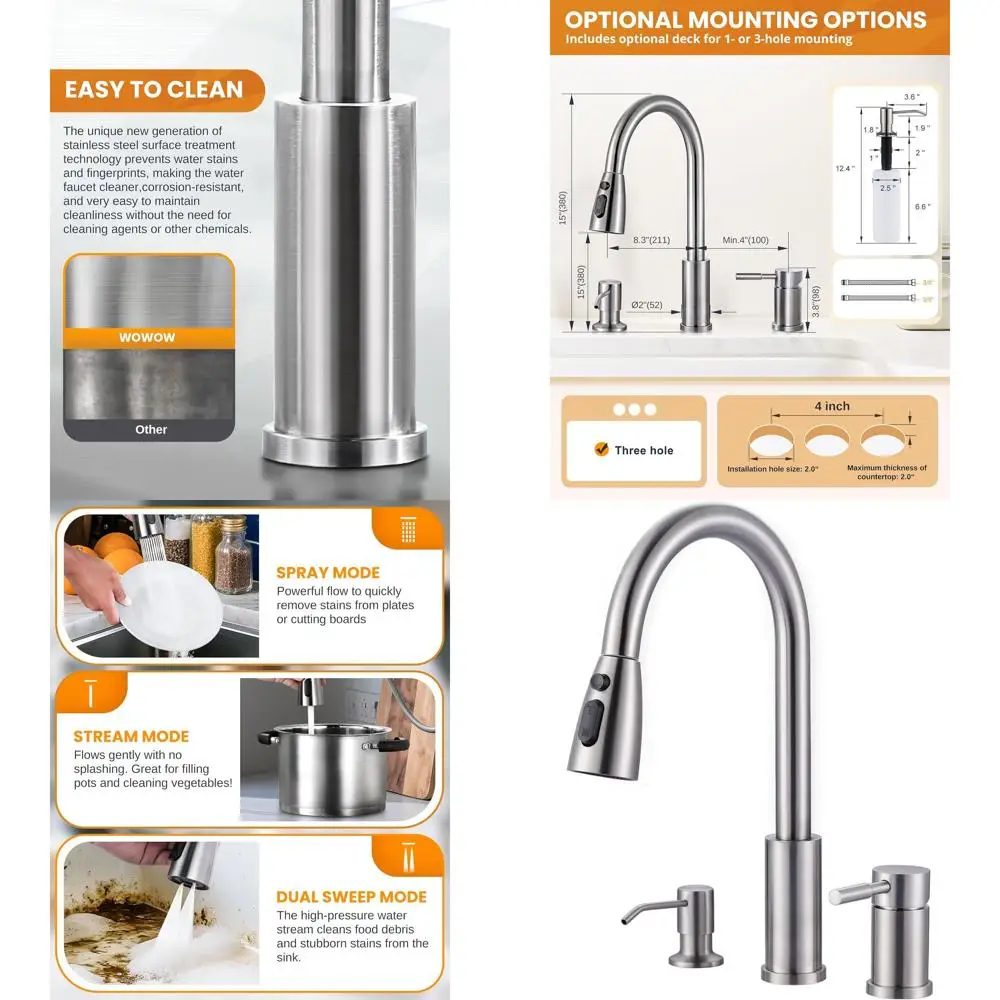 

Кухонный смеситель из нержавеющей стали с 3 отверстиями, распылителем, дозатором для мыла и отдельной ручкой для кемпера, прачечной, автодома и бара, Brushe