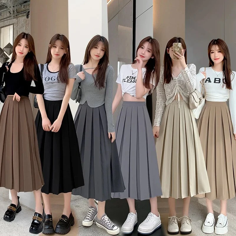 Dress Skirt Medium Length Women Half Skirt Autumn Winter Style Black A- line Skirt Loose High Waist Slimming Trendy