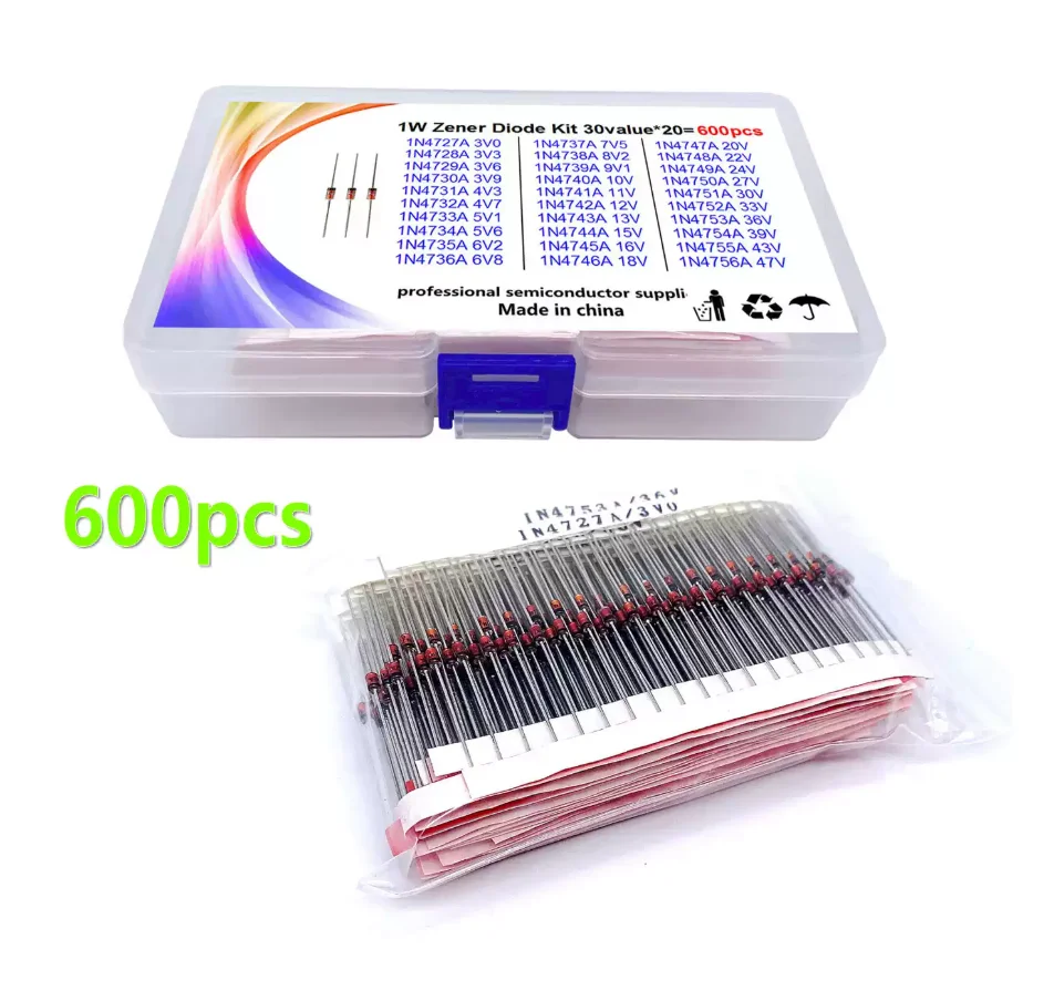 30kinds*20pc=600pcs 3v To 47v Assorted 4V3/4V7/5V1/5V6/6V2/3V6/3V9/6V8/7V5/8V2/9V1/10V/11V/12V/13V/15V/47V 1W Zener Diode Kit 