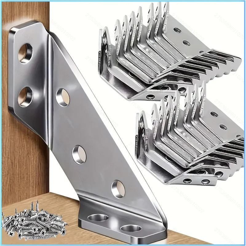 50PCS Stainless Steel 3‑Sided Corner Bracket Set, Furniture Support W/ Screws for Bed Cabinet Table Chair Reinforcement