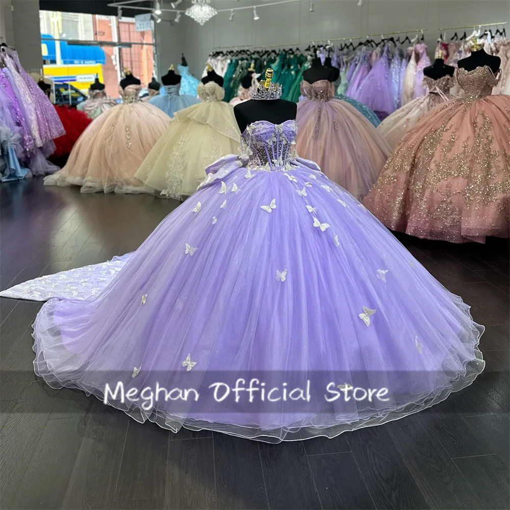 México lavanda roxo querida borboleta quinceanera vestido para menina frisado vestidos de festa de aniversário vestido de baile personalizado