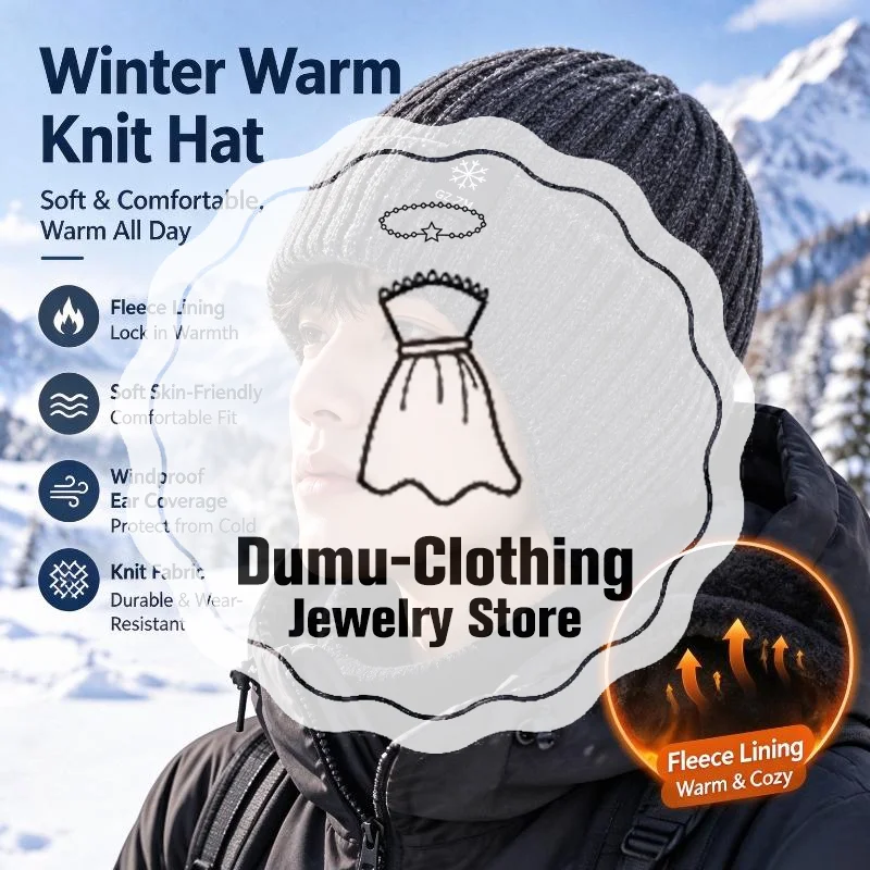 Outdoor Men Winter Knitted Hat Plush Warmth Peaked Cap Earmuff Casual Fashion Faux Fur Lined Hooded Hats Cycling Ear Protection