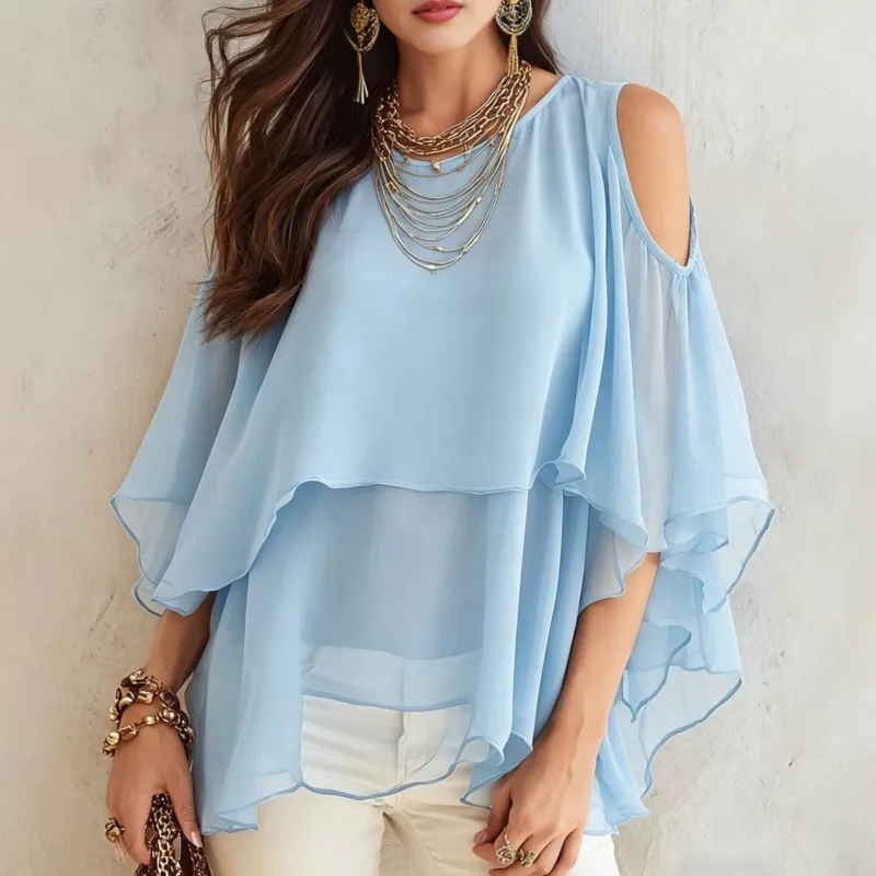 Summer Women's Top Cold Shoulder Chiffon Blouse Layered Ruffle Flowy Batwing Sleeve Loose Casual Top Elegant Vacation Blouse