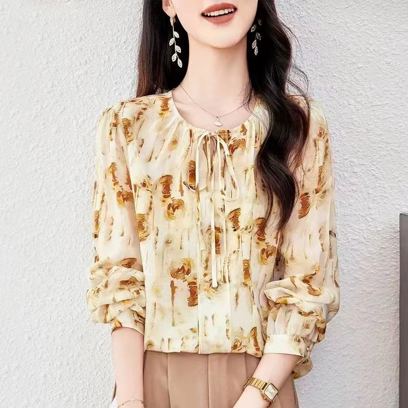 

Spring Summer Elegant Fashion Shirts Blouses for Women Long Sleeve Women's Floral Print Blouse 100% Real Silk Shirt Loose Tops