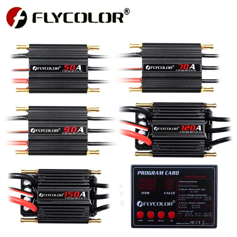 

Flycolor 50A 70A 90A 120A 150A Brushless ESC Speed Controller w Progaming Card Support 2-6S Lipo BEC 5.5V/5A for RC Boat