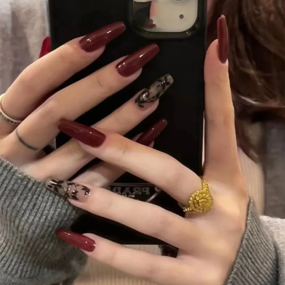 Long Trapezoidal Shape French Fake Nails Wearable Manicure Vintage Style Wine Red Almond False Nail Full Cover Press on Nails