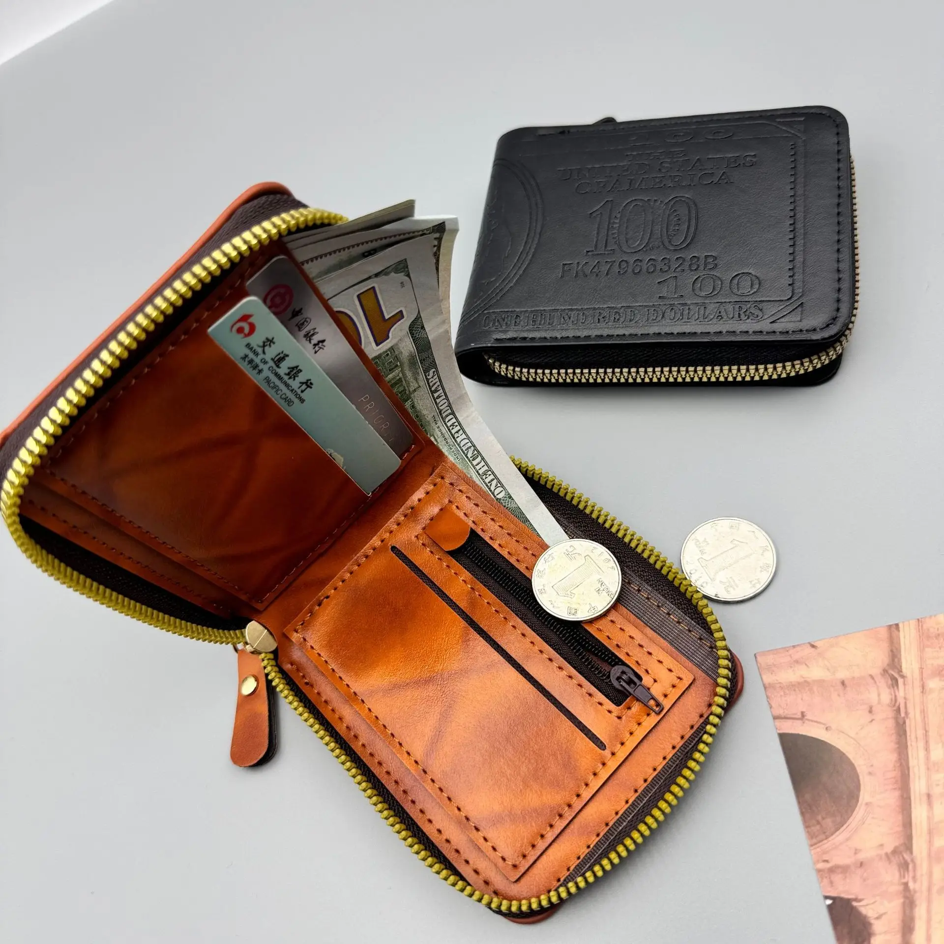 Portafoglio in pelle modello 100 dollaro USA Porta carte con cerniera Portafoglio moda Blocco tasca con cerniera Borsa da uomo Portafoglio in pelle PU maschile
