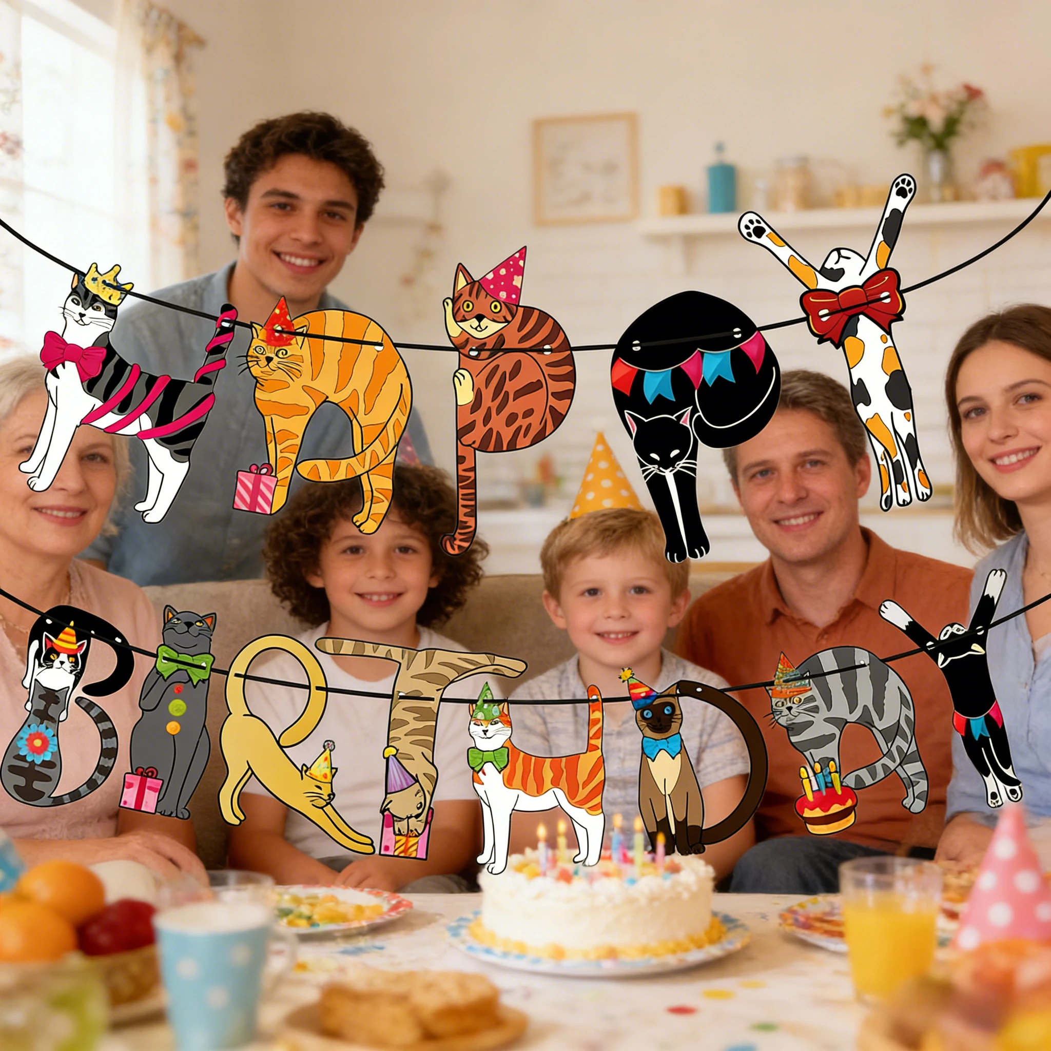Geburtstagsparty-Banner, niedliche Katzendekorationen mit Happy Birthday-Aufdruck, einfach zu hängendes Banner für Mädchen und Jungen, Geburtstagsparty-Dekorationen. – Detail 4