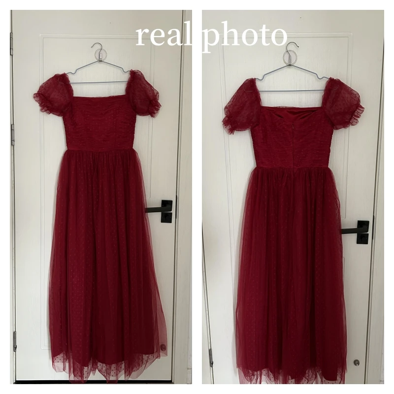 New Tulle Evening Dresses New Simple Wine Red Birthday Party Dress With Puff Sleeve Elegant Floor-length A-line Dress Customized