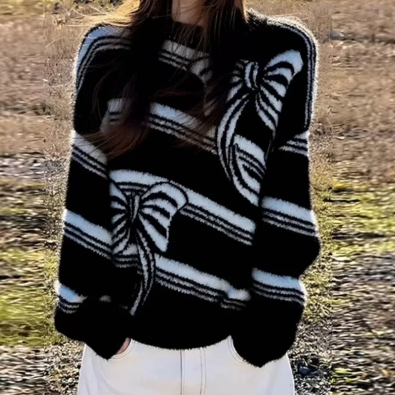 

Вязаный женский свитер, корейская зимняя одежда, модные свободные осенние джемперы для отдыха, женский пуловер с длинными рукавами и цветочным принтом