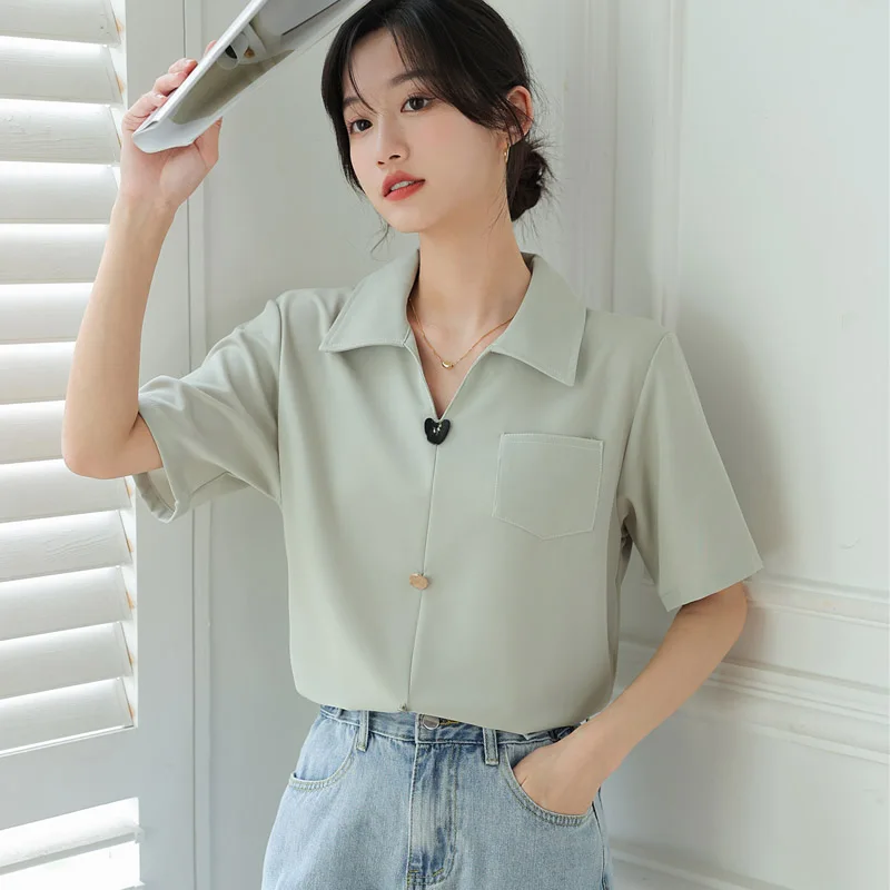 Casual V-neck Commuter Shirt Top Women's Summer Short Sleeve Office Lady Blouse