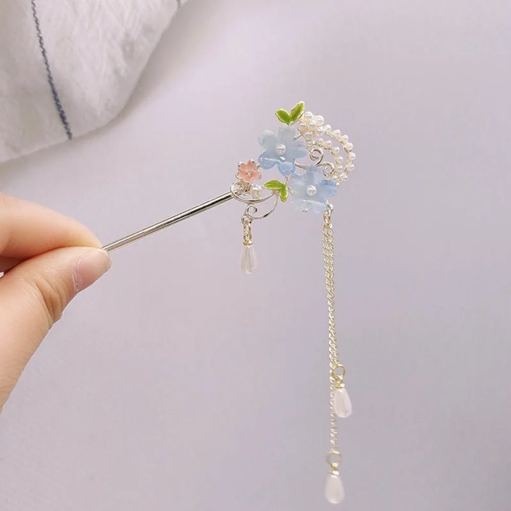 1pc moda pérola flor borla hairpin estilo antigo andando hairpin hanfu acessório de cabelo para a parte de trás da cabeça