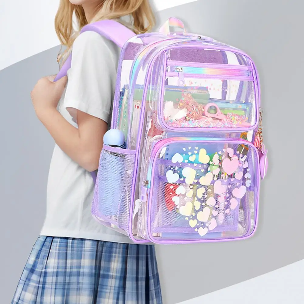 Transparent Backpack for School Waterproof Backpack with Love Heart Prints Main Compartment Front Zipper Pockets for Boys Girls