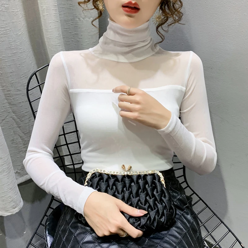 Autumn Winter High Collar T shirt Women Sexy Mesh Bottoming Shirt Long Sleeve Solid Color Slim Fit Long Sleeve Casual Tops