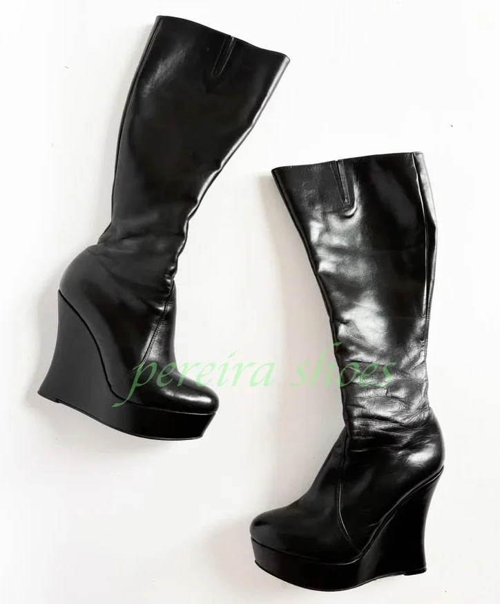 Black Platform Wedge Mid-Calf Boots Women Round Toe Zipper Soft Faux Leather High Wedge Heel Vintage Fashion Knee High Boots 46