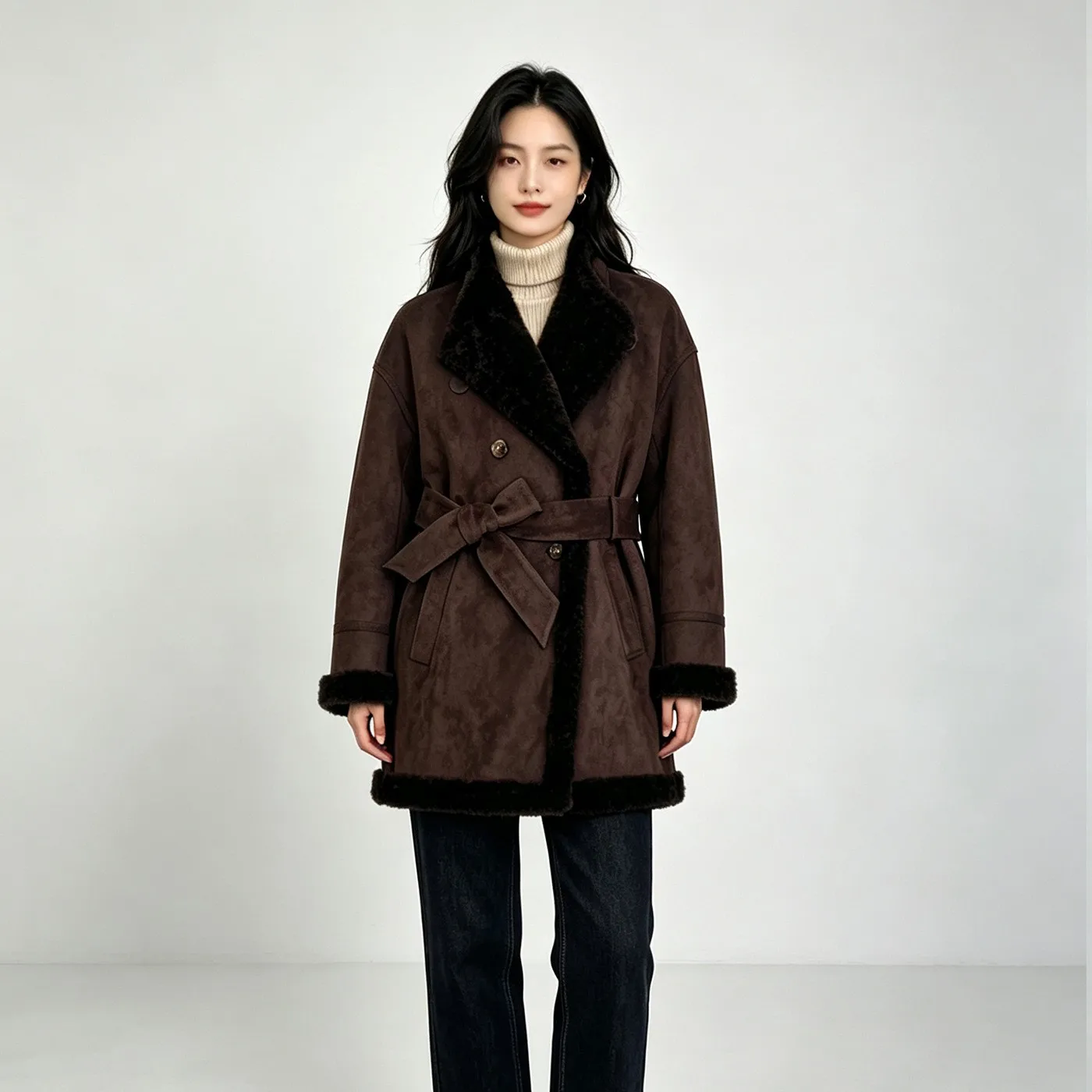 Long Sleeve Coat No Hood Long Length Elegant with Straight Half Open Collar Regular Sleeve Double Sided Autumn Women Coat