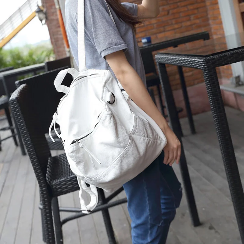 Anti Theft Backpack Women Casual Large Anti-theft Backpacks for Travel White Zipper Soft PU Leather Antitheft Backpack Female