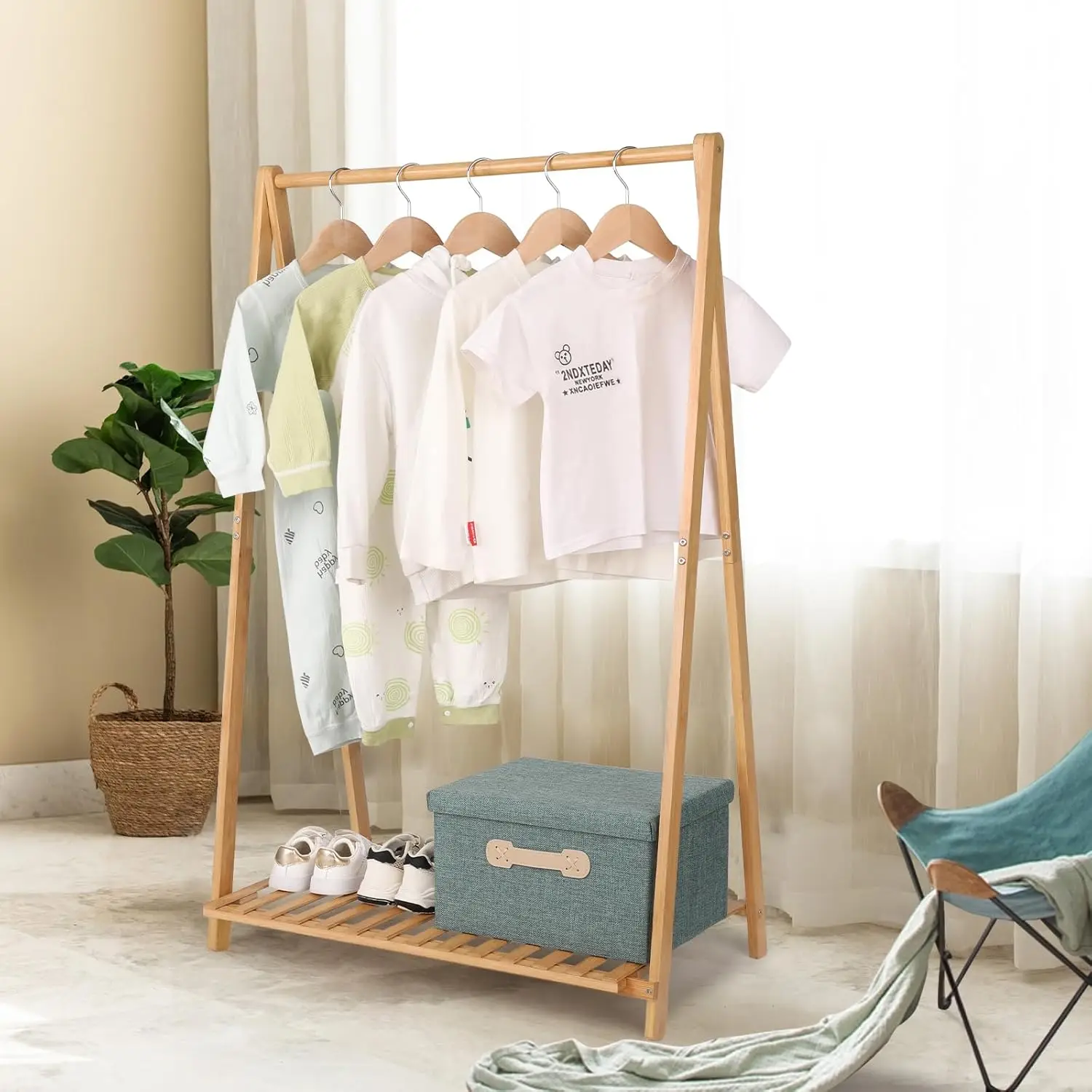 Kids Bamboo Clothes Rack with Shelf for Playroom, Bedroom Storage and Costume Organizer