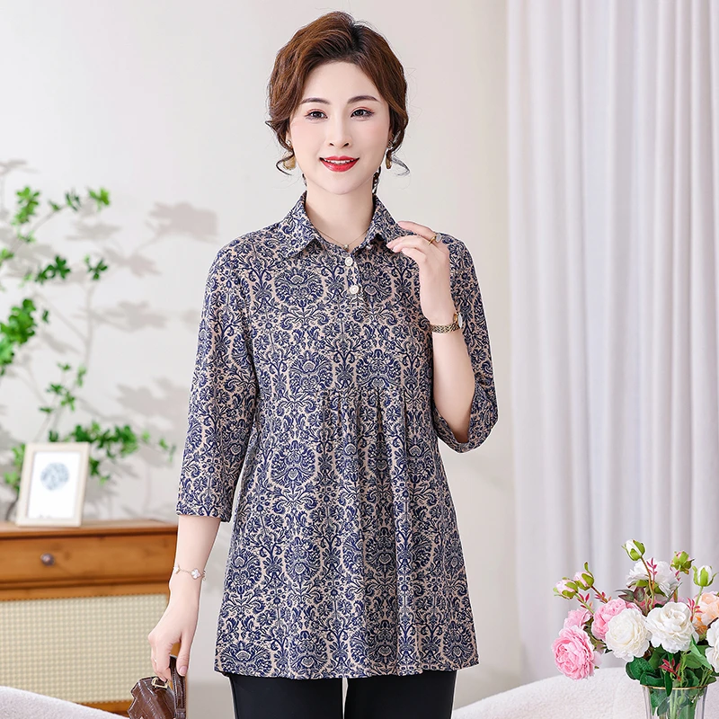 European Printed Plus Size Shirt With Classical Pattern Lapel Blouse 2024 Cardigan Short Sleeved Women\'s Shirt New Casual Top