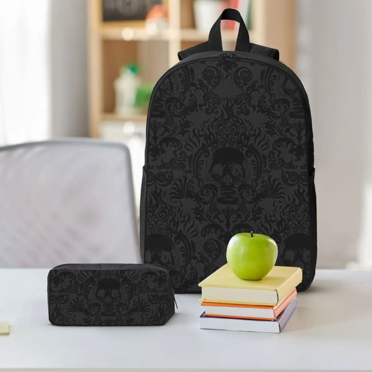 Goth Gothic Black Skull Damask Pattern Backpack Student BookBag School Bag Shoulder Bags 3ps Insulated Lunch Bag Pencil Case