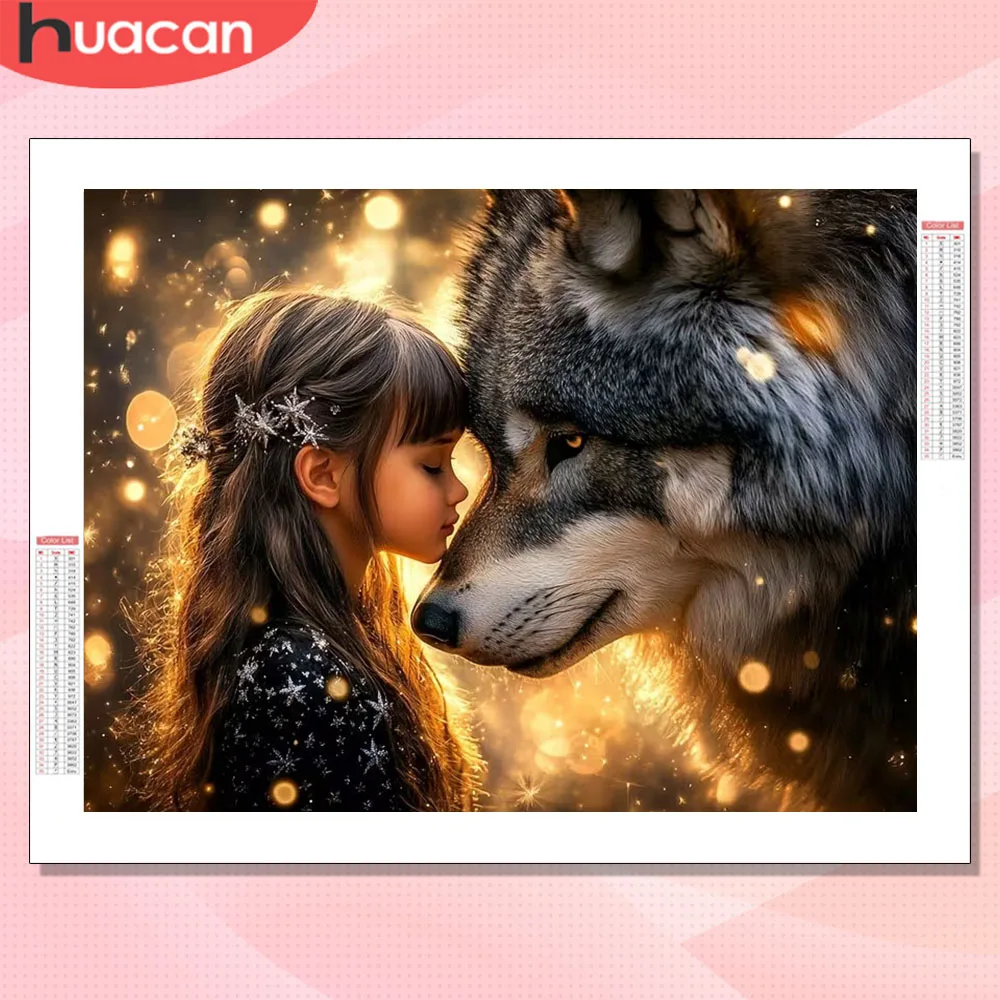 HUACAN Diamond Painting Sale: Mädchenporträt mit Wolf und Hund – Fantasie-Diamantmosaik Neuheit 2026 – Wanddekoration mit vollständiger quadratischer oder runder Bohrung