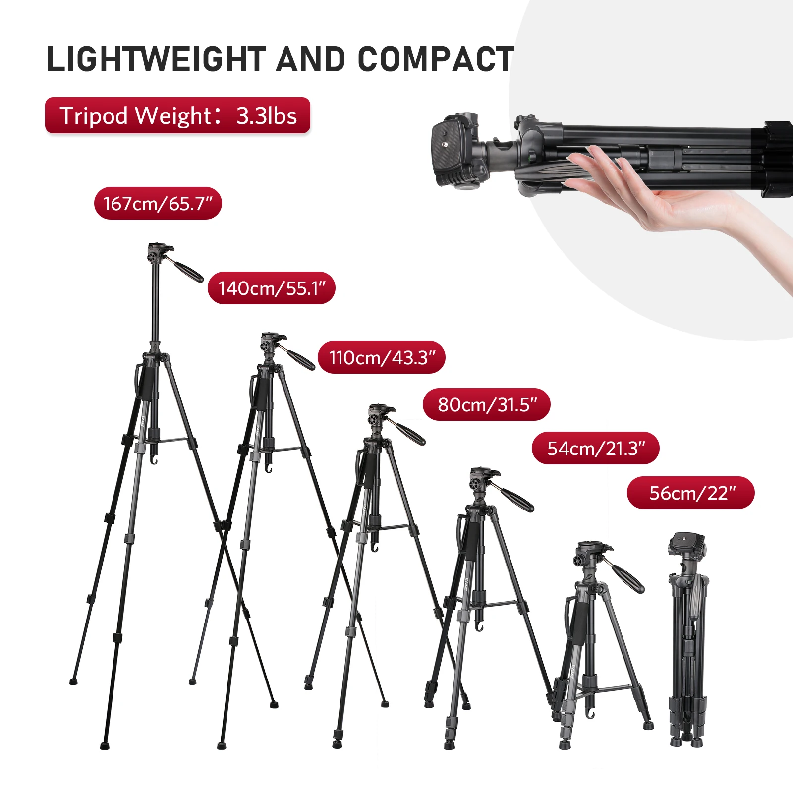 Evumo HF3 Professional Horizontal Tripod Light Travelling Tripod Monopod 360°Rotation with Bluetooth for Dslr Canon Nikon Sony