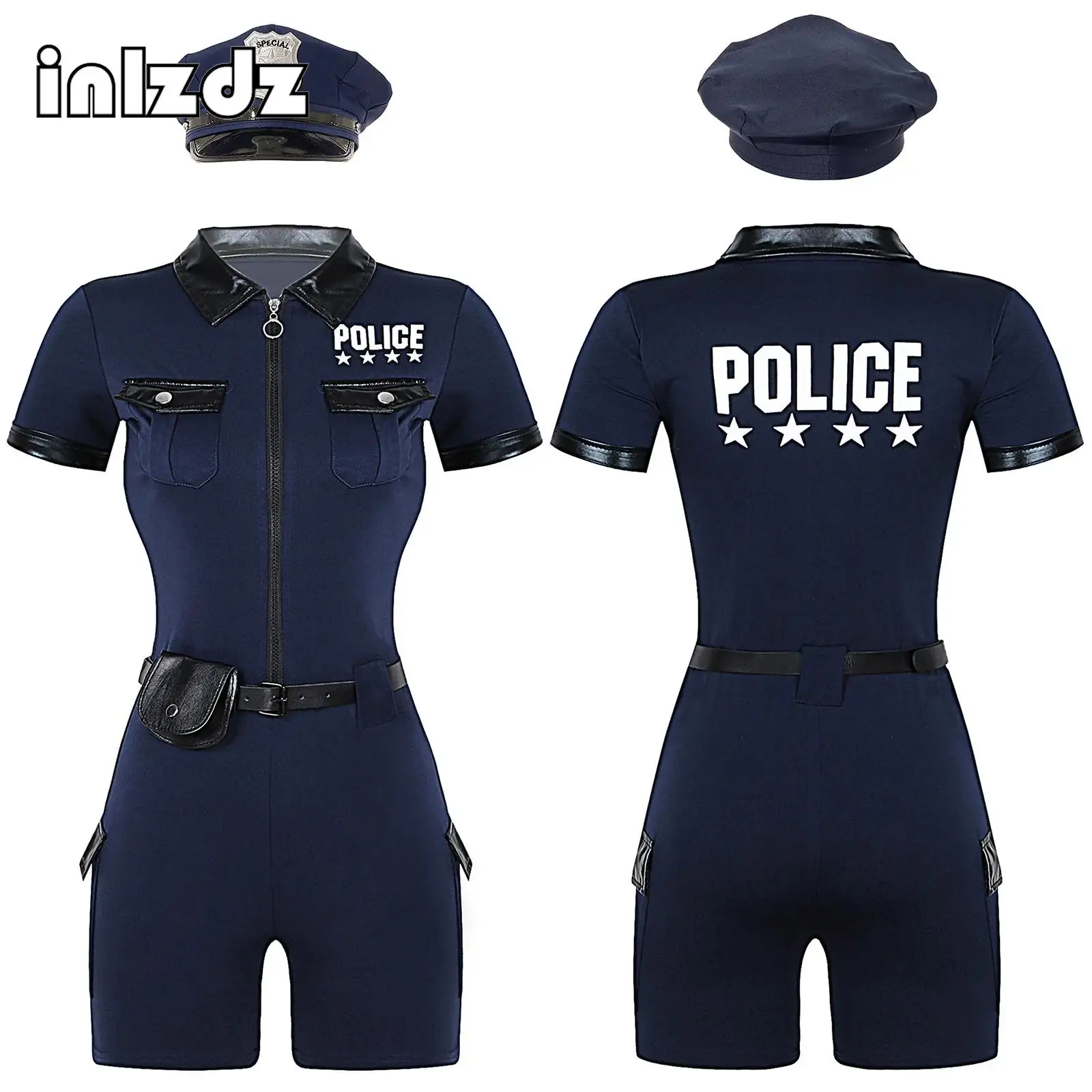 

Womens Police Cop Costume Policewomen Halloween Cosplay Outfit Police Officer Uniform Short Sleeve Jumpsuit with Belt Purse Hat