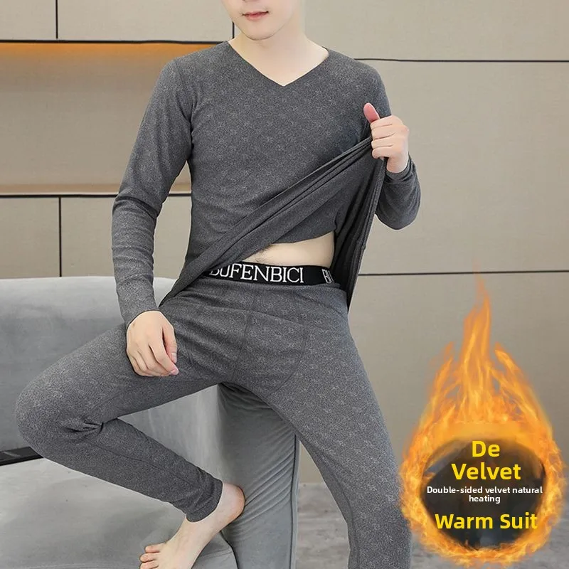 남성용 무봉제 보온 내의 세트 겨울용 가을용 청소년용 롱존 잠옷 양면 벨벳 세트