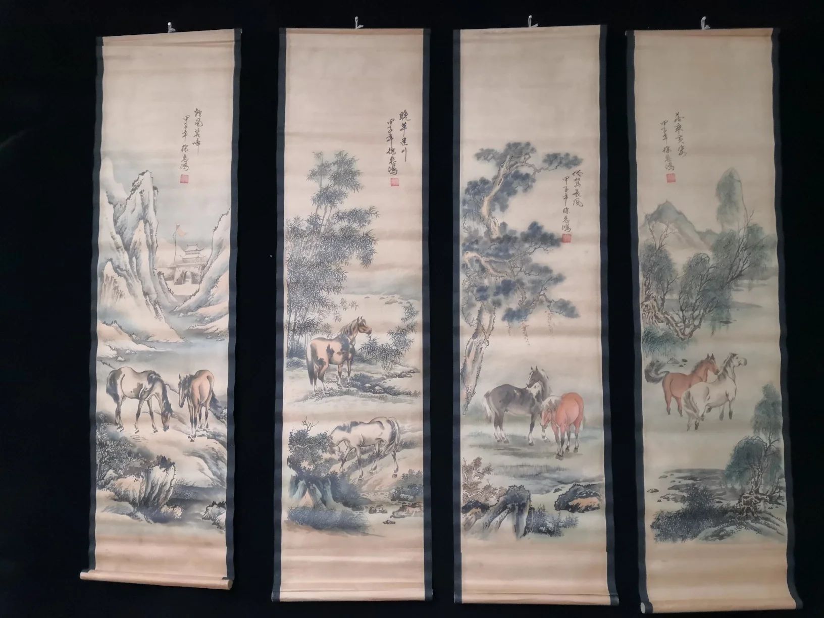 Chinese Antique Style Horse Painting - Four-Panel Screen Art on Xuan Paper, Elegant Home Decor and Collectible Decoration