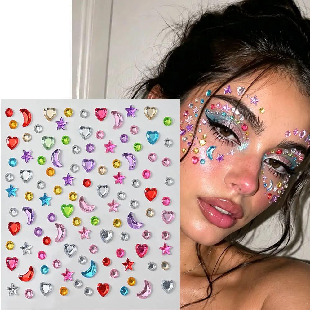 Bling Self Adhesive Face/Body Gems 3D Star/Moon/Heart/Round Temporary Tattoo Stickers AB/Clear/Red/Blue Face Hair Nail Jewelry view 2