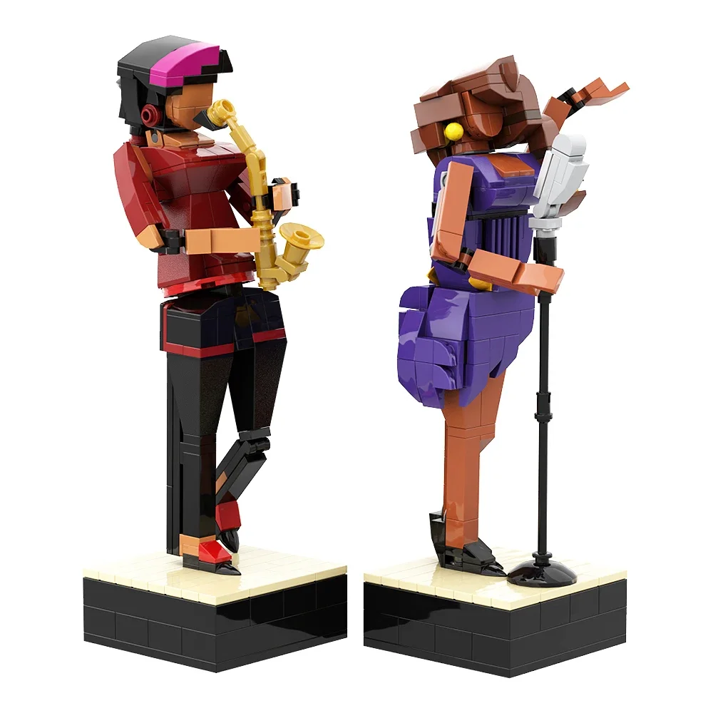 Gobricks MOC الأزرق الطوب الجاز نادي بنة مجموعة الفرقة عازف البوق المغني الموسيقية الأحمر الغيتار التعليم ألعاب مكعبات للأطفال هدية