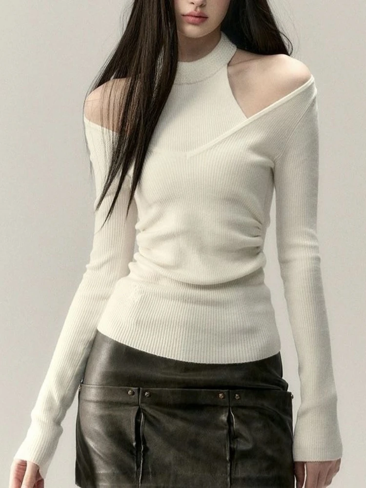 

Y2k Aesthetic Two Pieces Sexy Knitted T-shirt Women Off Shoulder Harajuku Solid Tees Autumn Bodycon Pleated Grunge Tops