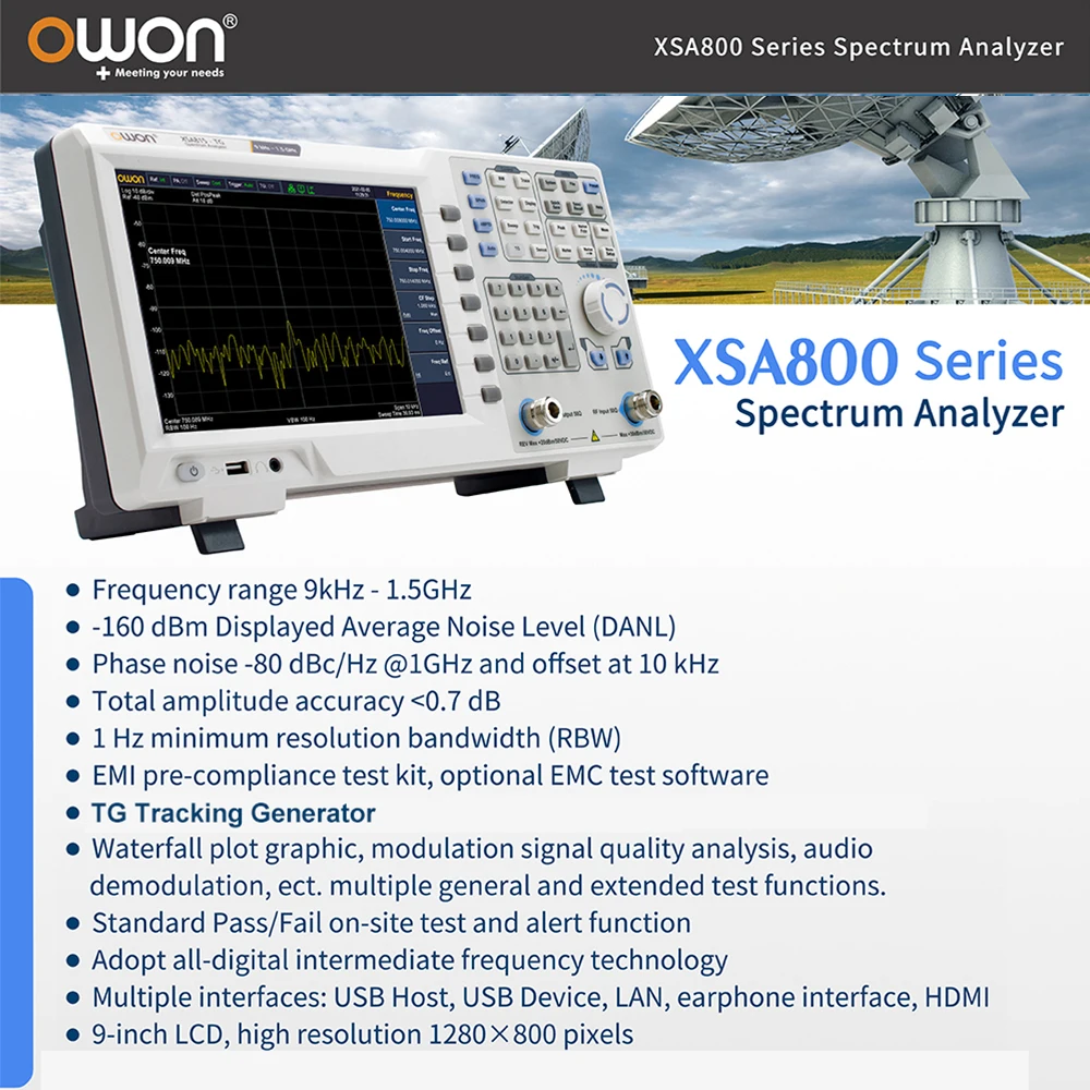 OWON XSA815TG Osciloscopio Digital Spectrum Analyzer LCD 1280x800 1Hz Resolution Bandwidth 9kHz to1.5GHz Frequency Oscilloscope