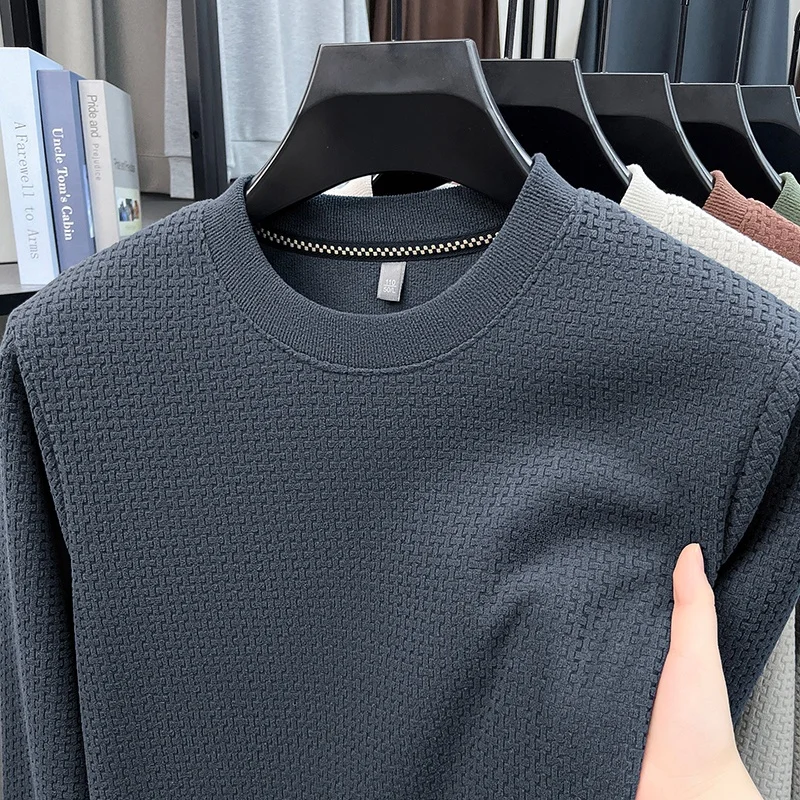 Herren-Sweatshirt mit Rundhalsausschnitt, Waffelstruktur, langen Ärmeln, einfarbig, lockerer Schnitt, lässig, für den täglichen Gebrauch, ein Basic-Oberteil für Herbst und Winter. – Detail 5