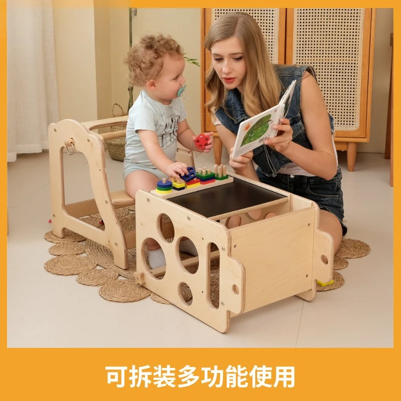 Wooden Children's Wash Stool Montessori Learning Tower with Blackboard Children's Study Bench Step Height Booster Wash Stool