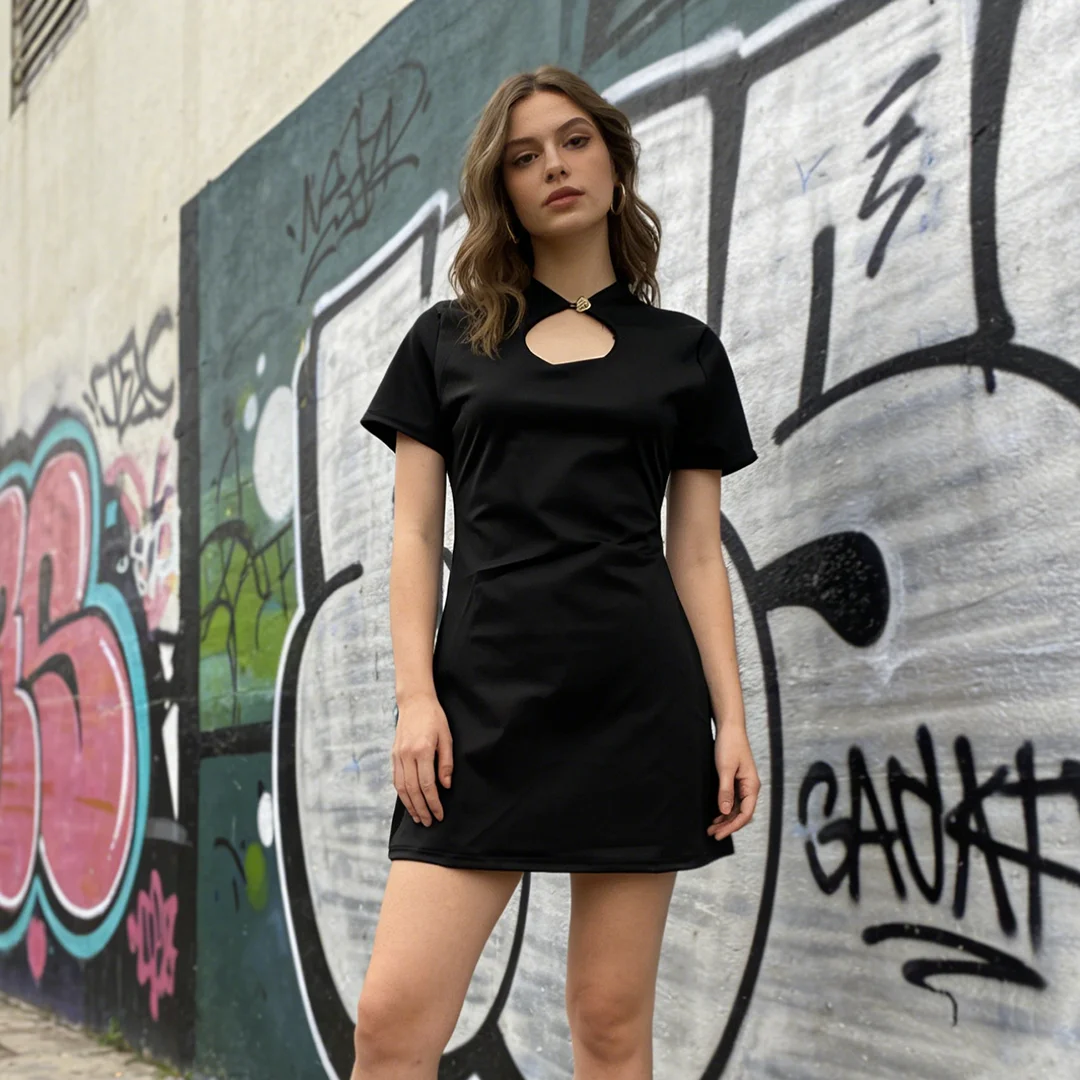 

New summer hollowed out stand up collar buckle slim fit short style, slimming and sexy Chinese style short sleeved dress