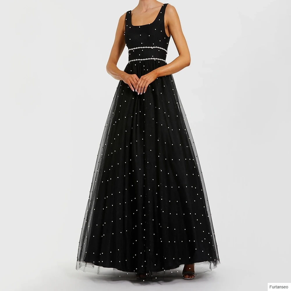 Abiti da sera a trapezio personalizzati Abito da ballo senza maniche con colletto quadrato lungo fino al pavimento Abito da festa semplice drappeggiato con perline di moda