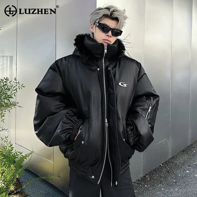 LUZHEN Hoodies Parkas American Fashion Niche Pu Leather Faux Fur Splicing Thick Designer Short Windproof Padded Jackets LZ8026