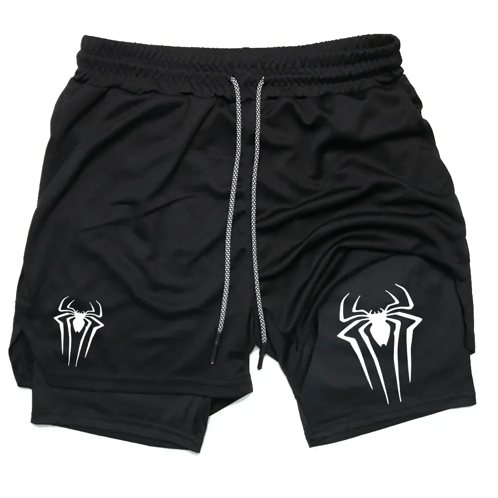 Double Layer Fitness Shorts Y2K Performance Shorts Men Spider Printed GYM Sports Compression Shorts Workout Running Sport Shorts