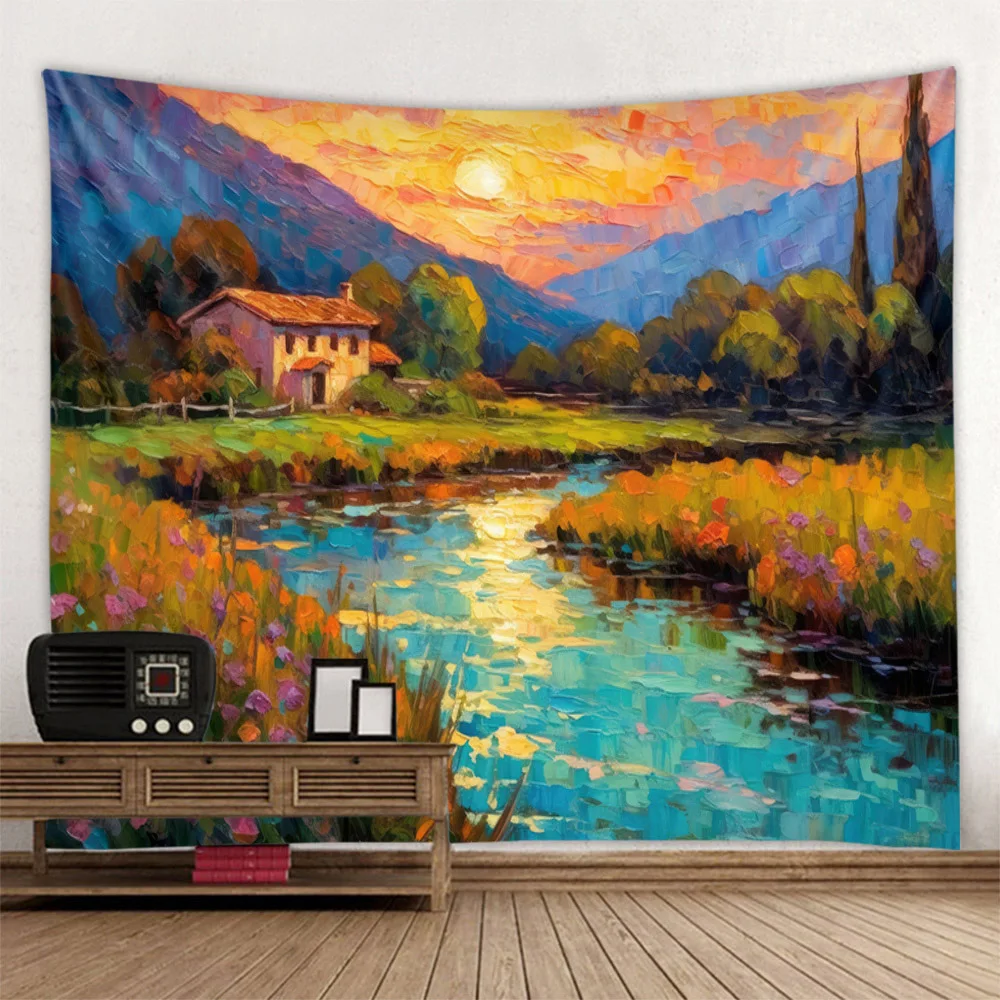 

Forest stream water tapestry, wall mounted landscape oil painting tapestry, Bohemian art, living room, bedroom, home decoration