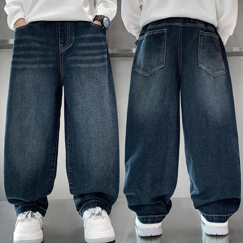 النمط الكلاسيكي الأطفال بلون الجينز للمراهقين الأولاد خمر الجينز الأزرق الداكن السراويل الاطفال المراهقين الرجعية الفاخرة الدنيم السراويل #3