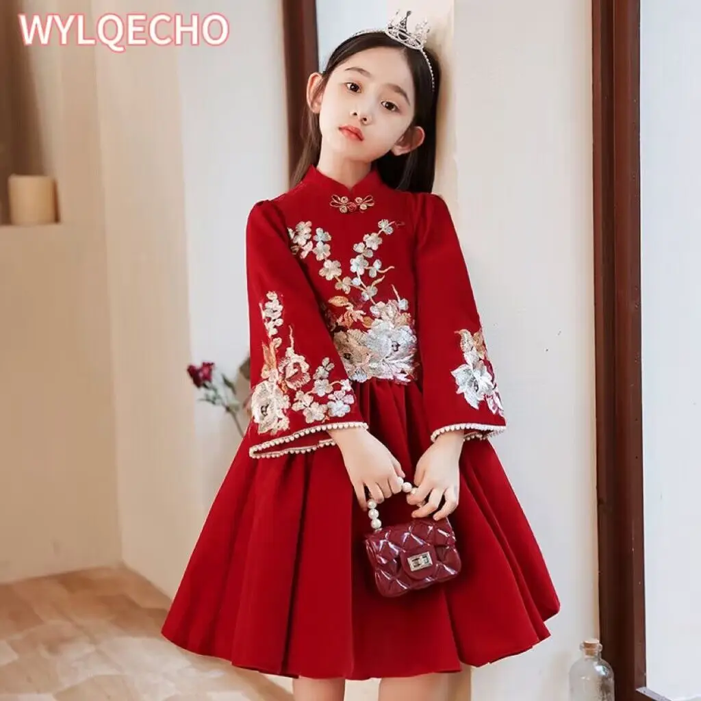 

Winter Thick Qipao Dress Girl Teenager Chinese New Year Clothes Red Embroidery Cheong Sam Dresses for Kids Princess Girls 2024