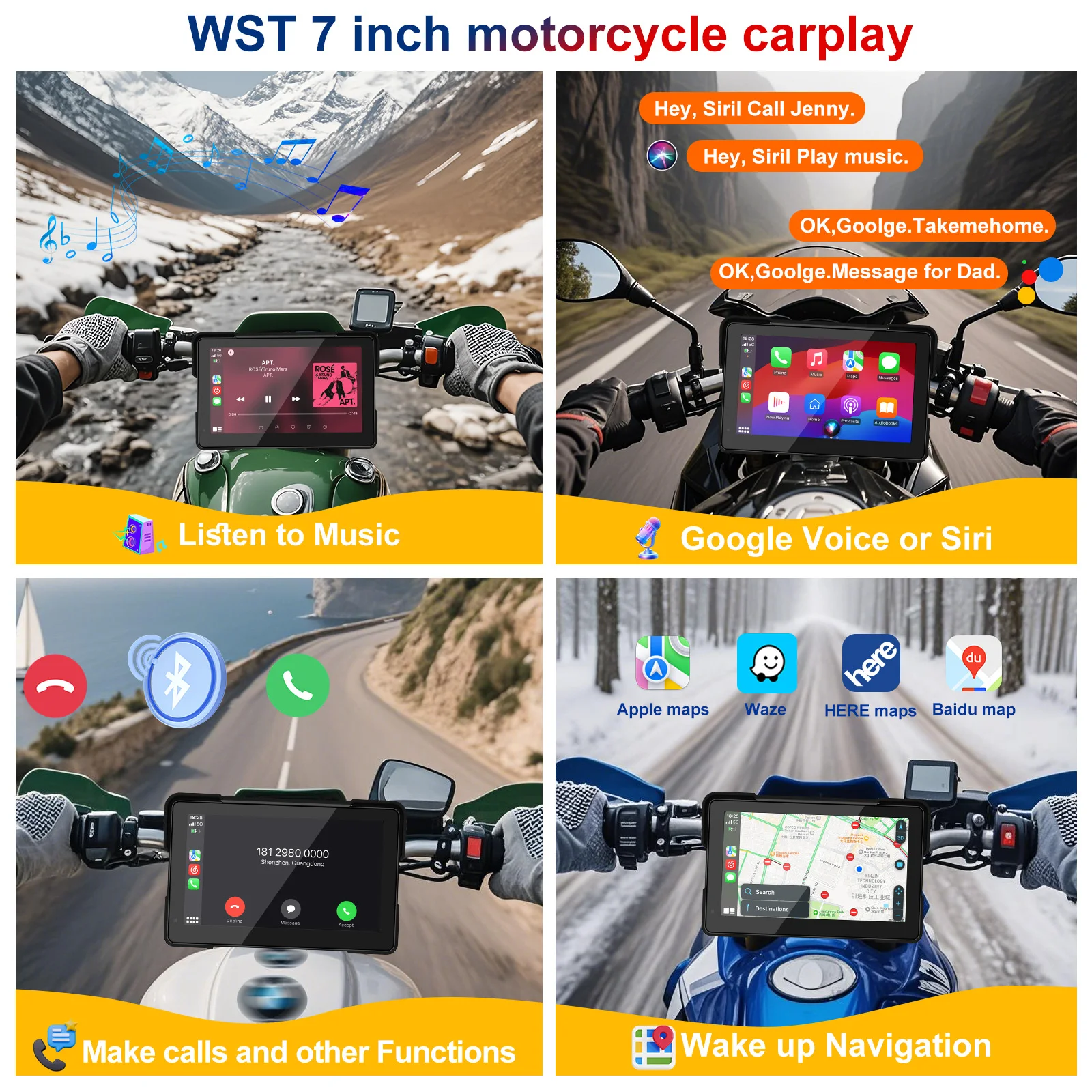 7.0 inch Motorcycle Portable Navigation Display Screen Wireless CarPlay Motorcycle GPS Para Moto Android Auto Monitor Waterproof