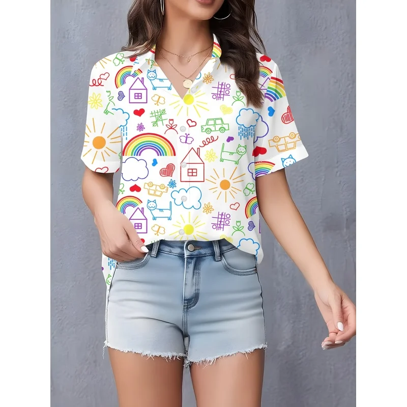Women's White Short Sleeve Shirt Cartoon Print Lapel Collar Button Details Casual Elegant Spring Summer Fall Top