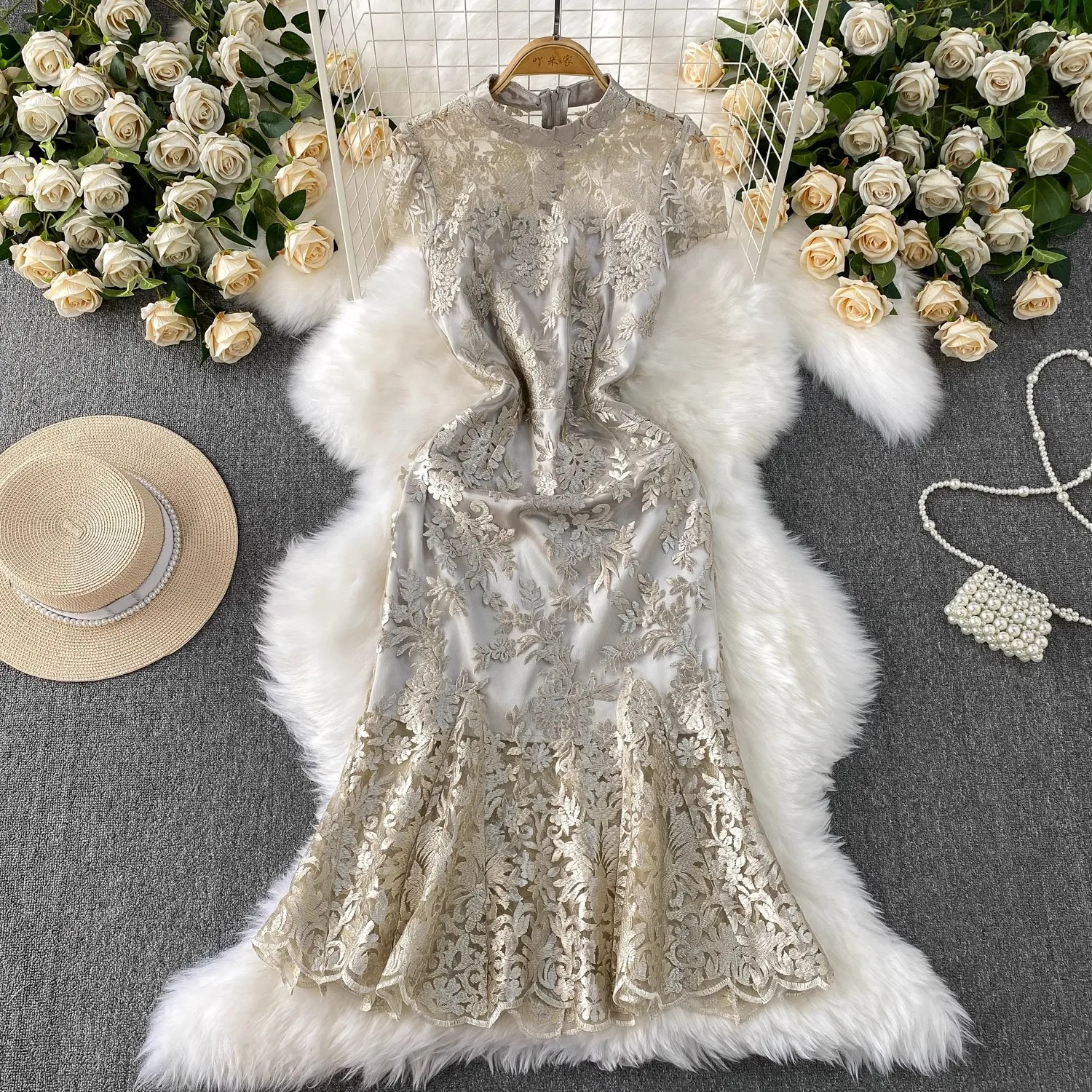 

Bling Floral Embroidery Mesh Dress Women Elegant Short Sleeve Streetwear Clothing Lady Chic Vintage Party Vestidos Bodycon