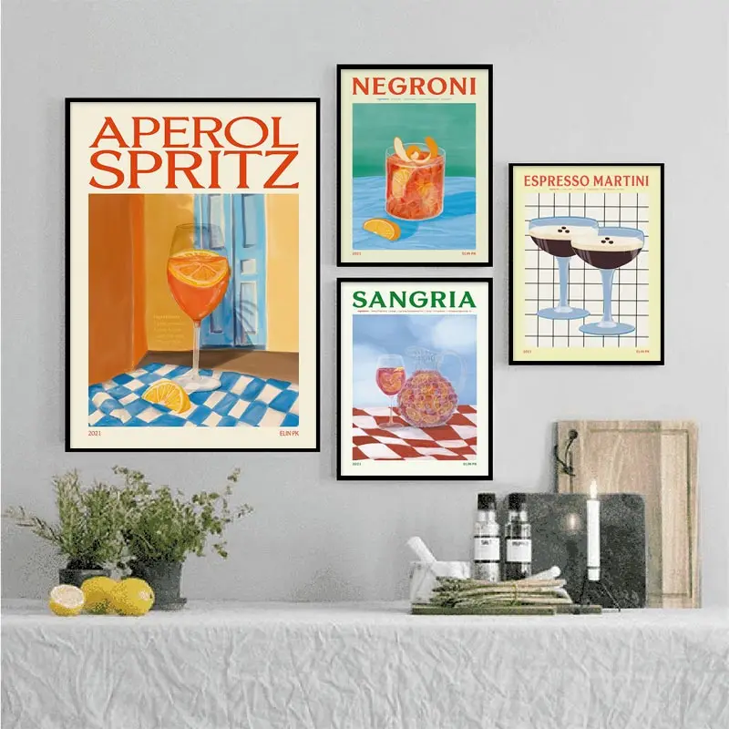1PC frameless decorative art print,Cartoon Fruit Juice Mojito Aperol Spritz Posters and Print Sangria Drink Negroni Canvas Paint