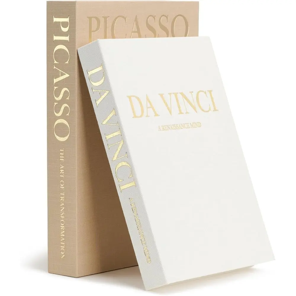 

Elegant Taupe & Beige Decorative Storage Books Duo - Da Vinci & Picasso Inspired Coffee Table Accent