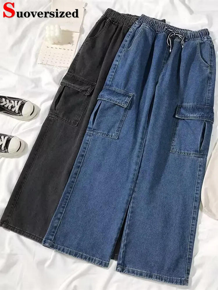 

Women Casual Baggy Straight Cargo Jeans Korean Elastic High Waist Wide Leg Denim Pants Streetwear Solid Oversize 80kg Vaqueros