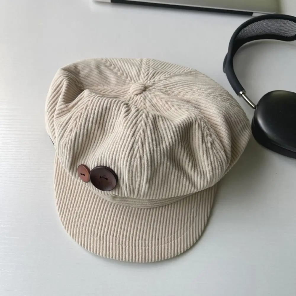 

Vintage Double Button Decoration Corduroy Baseball Caps Windproof Adjustable Octagonal Hat Keep Warm Beret Newspaper Hat Outdoor