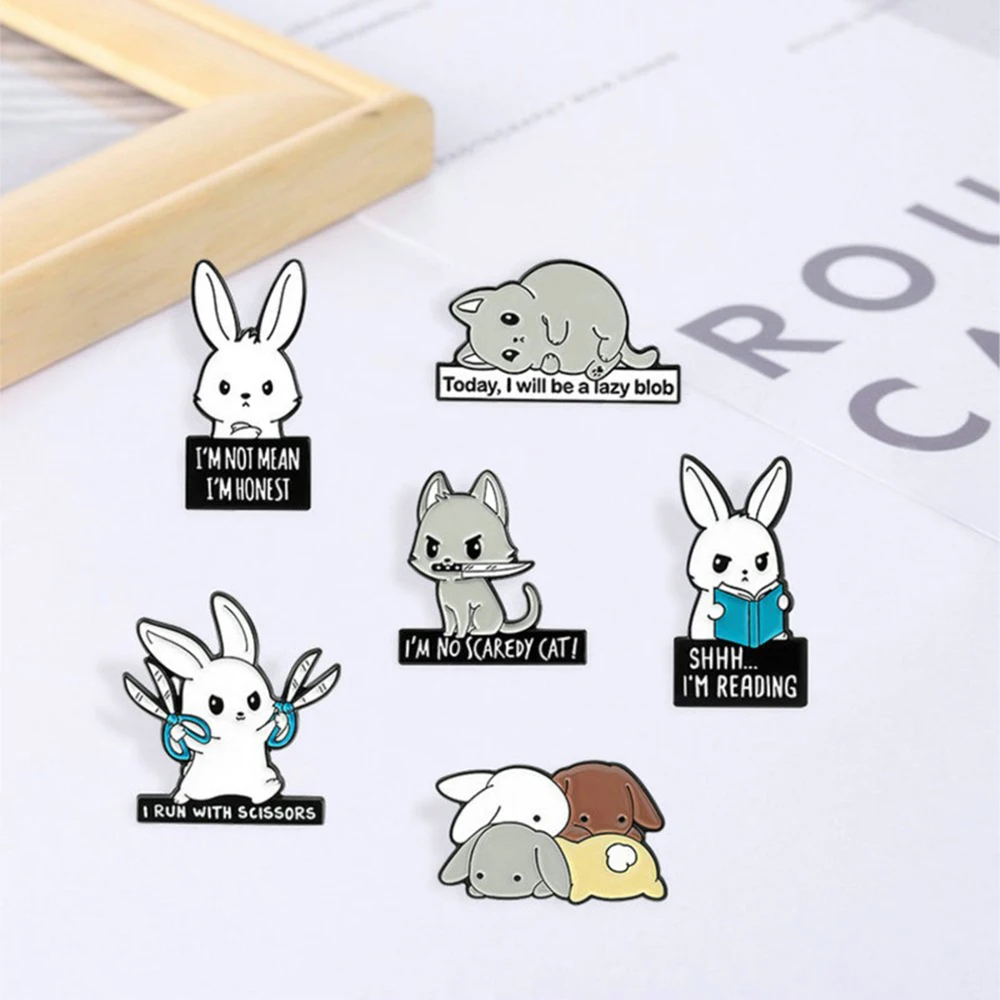 Rabbits Park Enamel Pins Custom Book Scissors Bunny Cats Brooch Lapel Badge Bag Cartoon Animal Jewelry Gift for Kids Friends